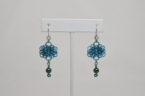 Dragonscale Pearl Earrings in Pacific Blue and Seafoam Enameled Copper